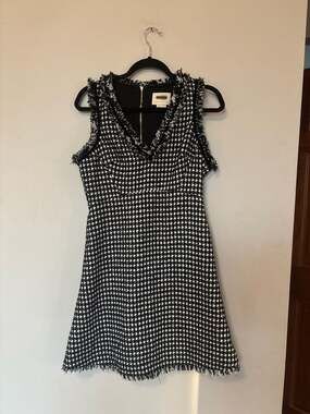 Kate Spade Black & White Houndstooth Tweed Fringe V-Neck Mini Dress